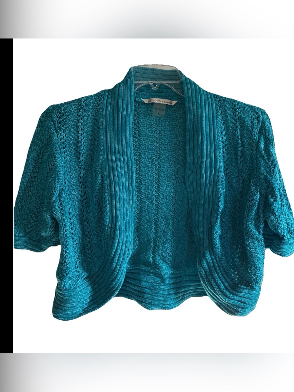Peter Nygard Woman’s Sz L Teal Blue Open Knit Short Sleeve Shrug Cardigan EUC